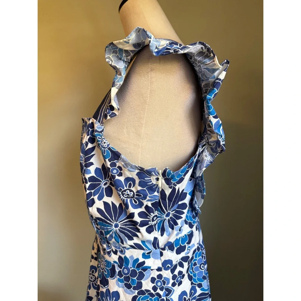 Tahari ASL BlueWhite Floral Ruffle  Cutout Fit Flare Dress 12 boho whimsi dainty - Picture 6 of 9